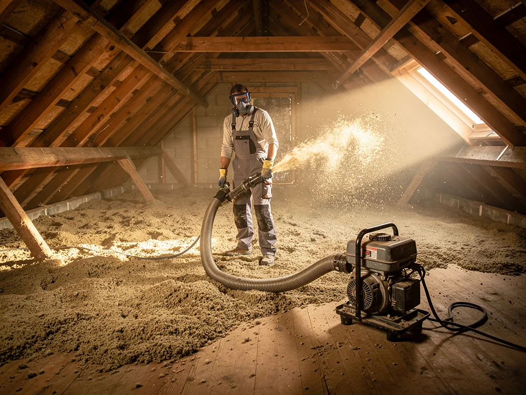 Artisan soufflant de la ouate de cellulose dans des combles perdus