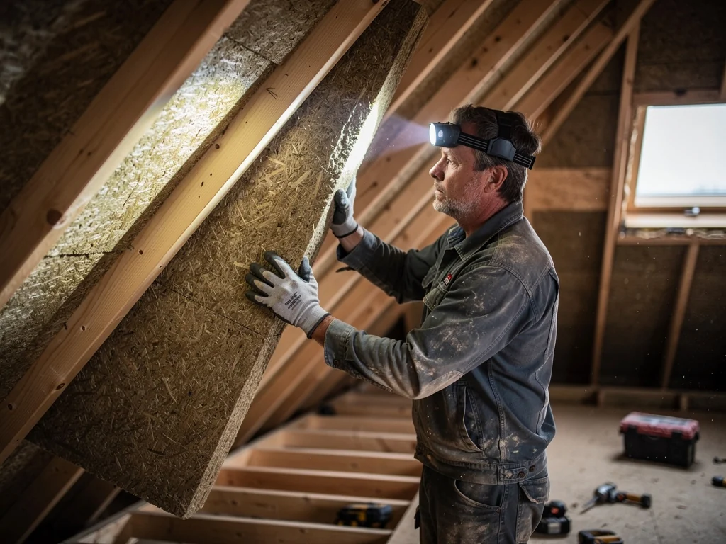 Pose de panneaux de laine de bois sous les rampants de combles aménageables